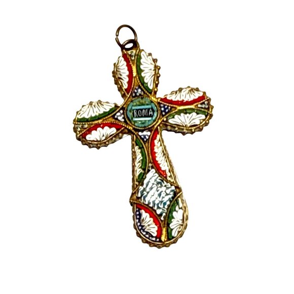 Vintage Italian Micro Mosaic Cross Pendant Roma Religious Enamel Jewelry - Picture 5 of 8
